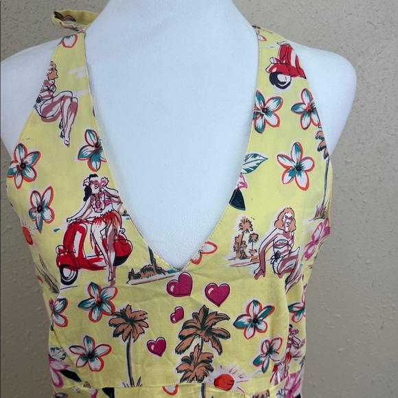 Temptation Yellow Halter Midi Dress Retro Hula Dancer Novelty Print Tropical L - Picture 4 of 11